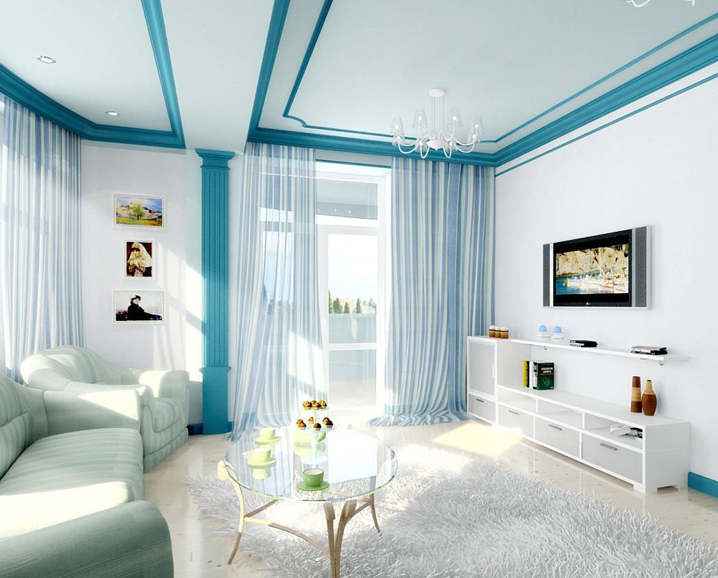 balta zila dzīvojamā istaba