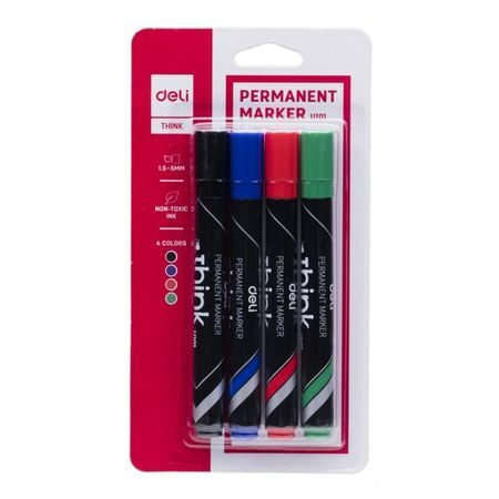 Ensemble de marqueurs permanents Deli EU10101 Pensez à l'écriture biseautée. pointe 1.5-5mm 4 couleurs sac avec euro 24 pcs / boîte