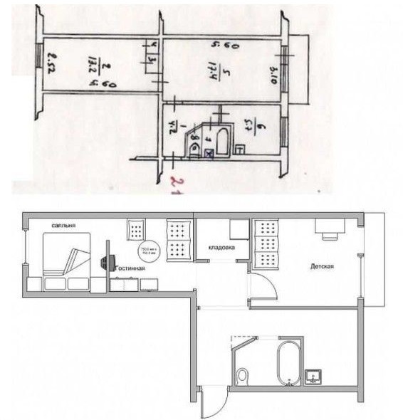 Ombyggnadsplan för 2-rums Chrusjtjov till en tre-rumslägenhet