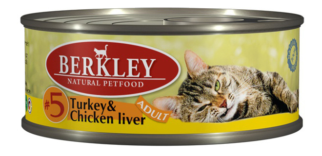 Konzervované krmivo pre mačky Berkley Menu pre dospelé mačky, morčacie mäso, pečeň, 100 g