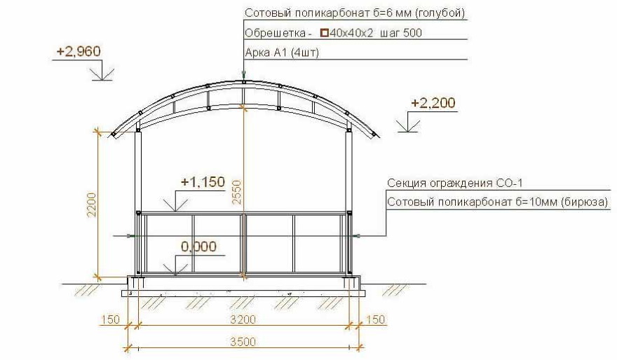 Drawing of a gazebo from a profile pipe with dimensions