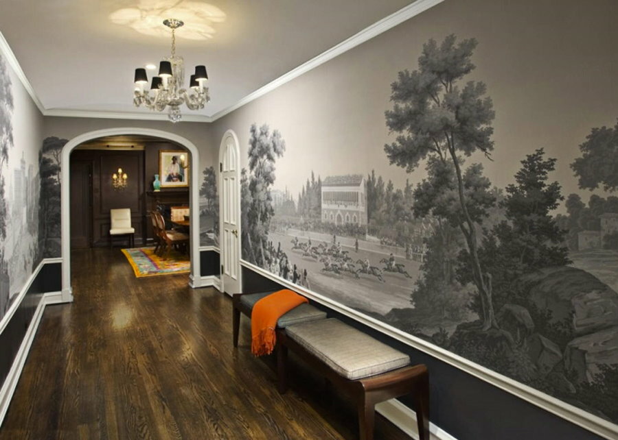 Wall mural decor in a large hallway