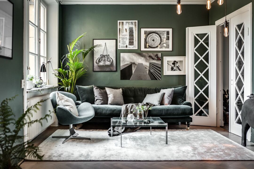 gyvenamasis kambarys žalios spalvos idėjų interjere