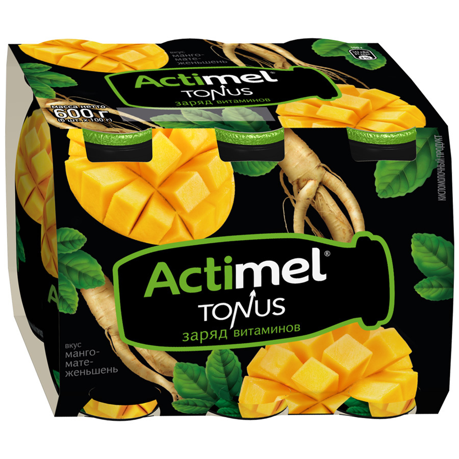 Produit laitier fermenté Actimel enrichi en extrait de Mangue maté-ginseng 2,5%, 6*100g