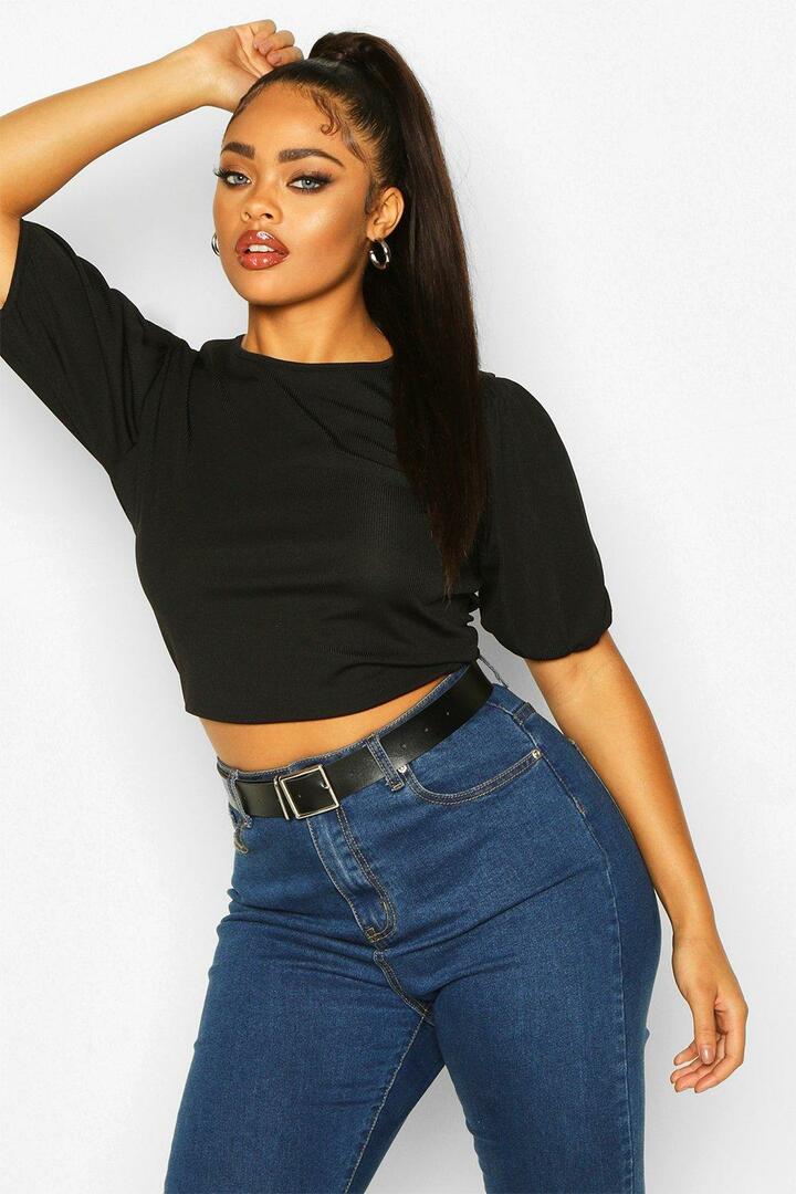 From the collection " Plus Size" - Crop-top in soft rib with short puff sleeves