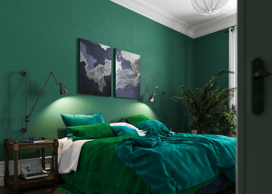 Tamsiai žalios spalvos sienų apdaila vyrų miegamajame