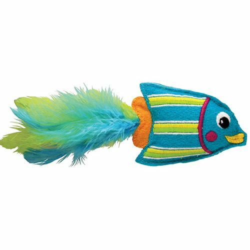 Kačių žaislas KONG Atogrąžų žuvis 12 cm veltinis, plunksnos, katžolės mėlyna
