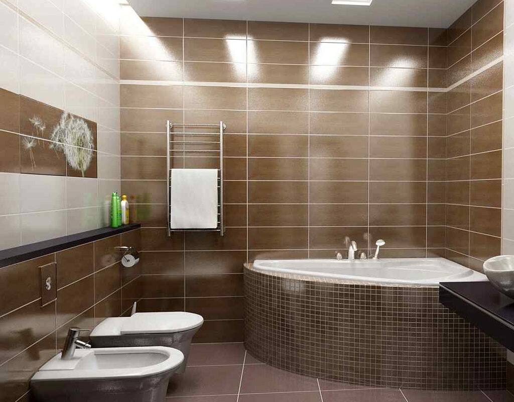 Glansiga bruna plattor i det kombinerade badrummet