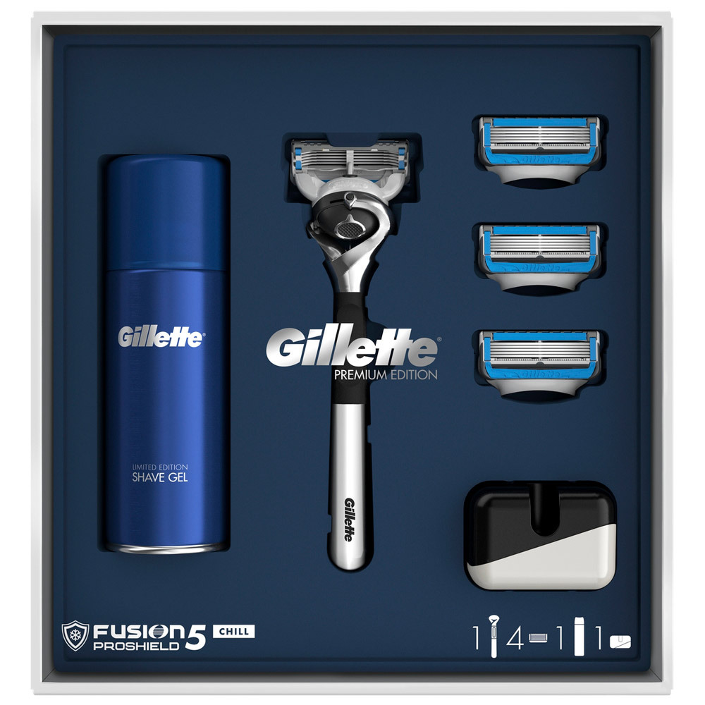 Gillette dāvanu komplekts Fusion Proshld Chill skuveklis ar 3 rezerves kasetēm + UltraSens skūšanās želeja 75 ml + magnētiskais
