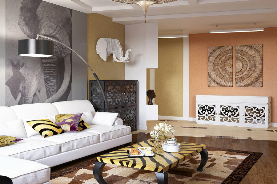 Obývací prostor ve studiu v africkém stylu