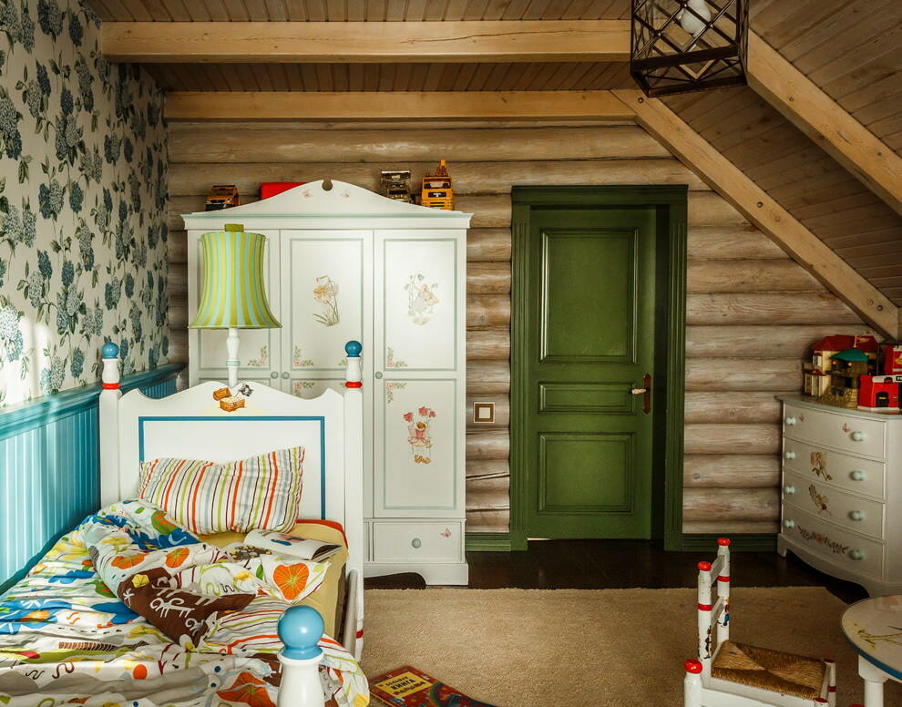Country in the design of a children's room in the attic