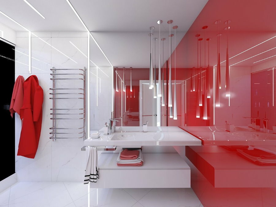 Csúcstechnológiájú piros-fehér fürdőszobabelső
