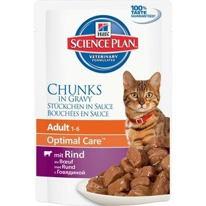 Hill \ 's Science Plan Optimal Care Yetişkin Soslu Sığır Chuks, kediler için soslu dana eti parçaları ile 85g (2106)