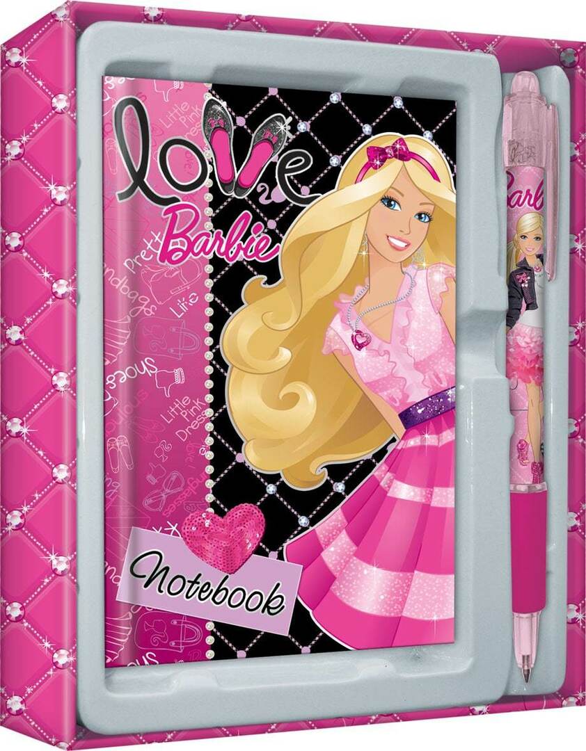 Conjunto de artigos de papelaria da Barbie em uma caixa de presente: caderno, caneta