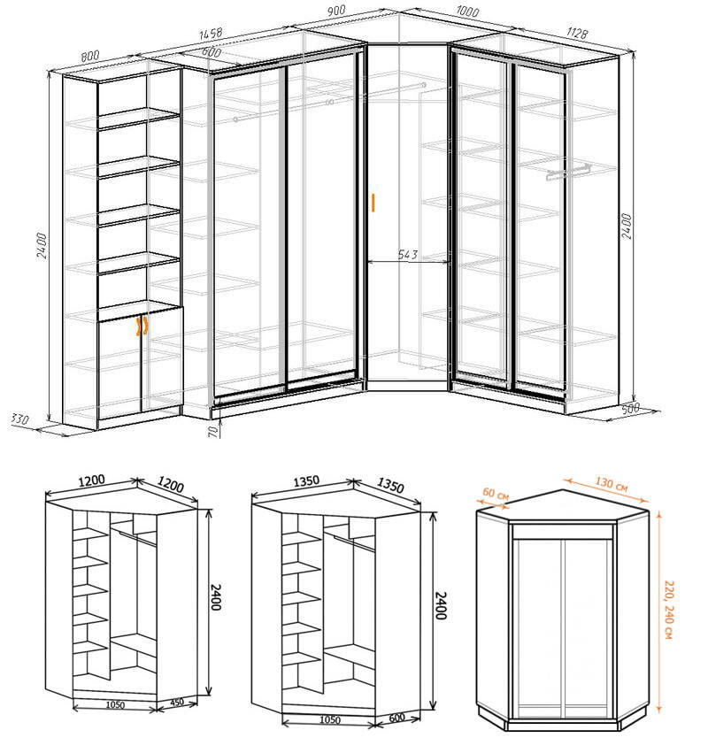 Diagrams of corner wardrobes for the bedroom with dimensions