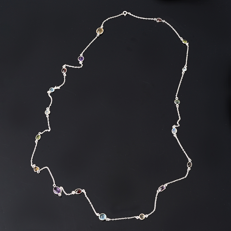 Perler blander ametyst, granat, månesten (kæde) langt snit 94 cm (sølv 925 pr.)