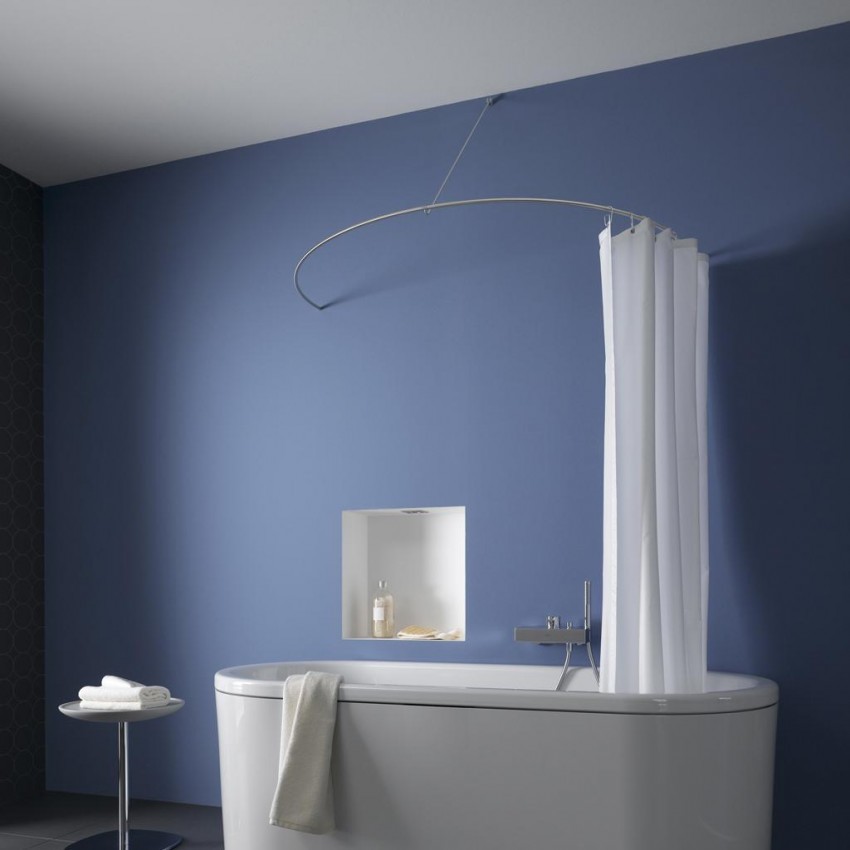 Haste para as cortinas da casa de banho: telescópica, angular, semi-circulares