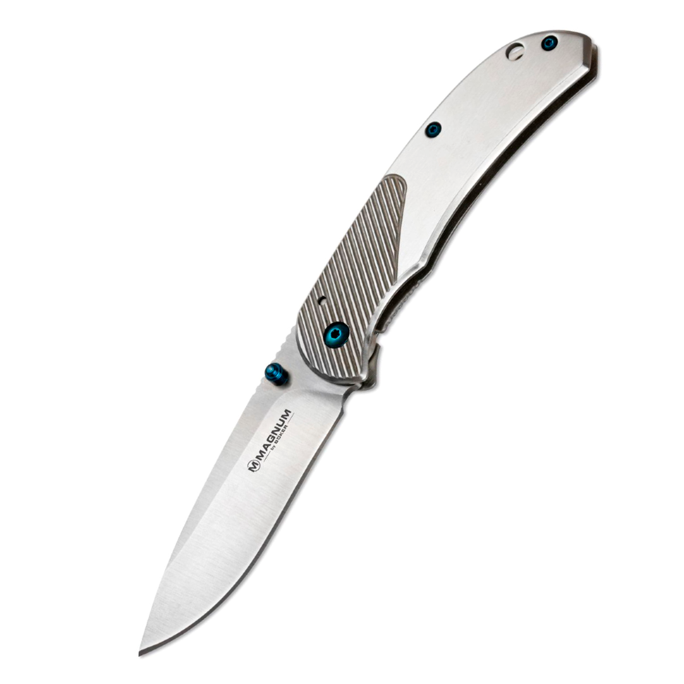 Skladací nôž Magnum Blue Dot, oceľ 440A Stonewash, obyčajná, rukoväť z nehrdzavejúcej ocele, sivá, Boker 01RY863