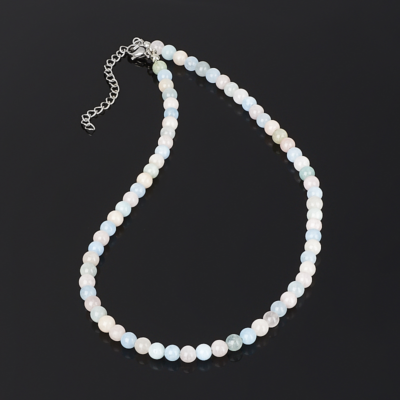 Perles aigue-marine, béryl, quartz, quartz rose 6 mm 45 cm (+7 cm) (chir. Acier)
