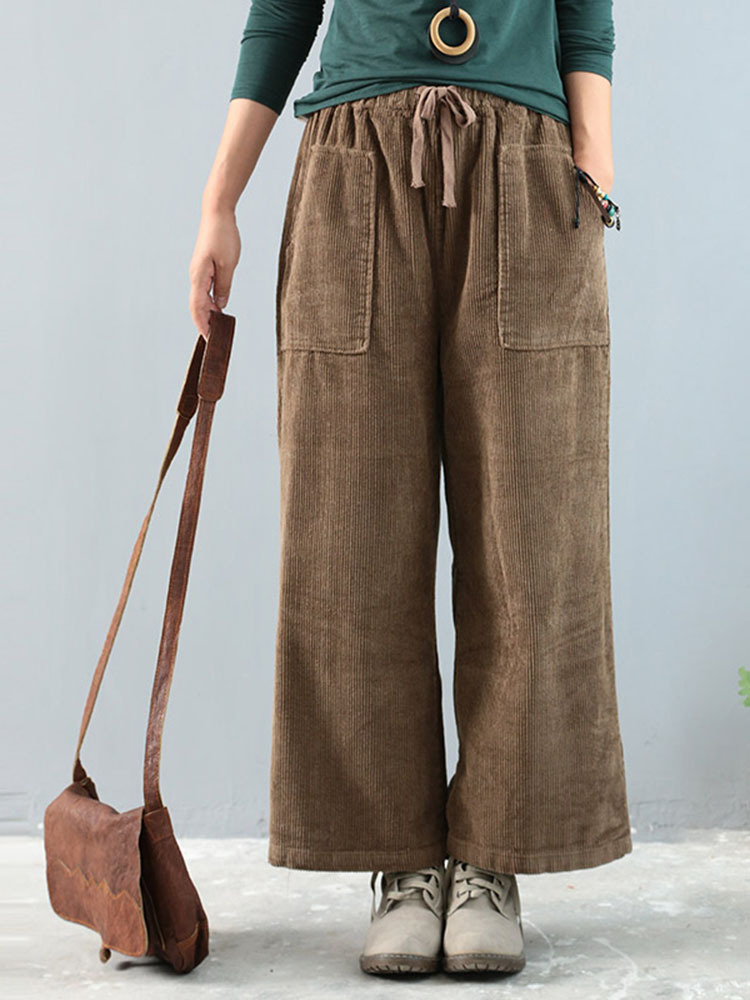 Vintage sztruksowe spodnie z kieszeniami z elastyczną talią i szerokimi nogawkami
