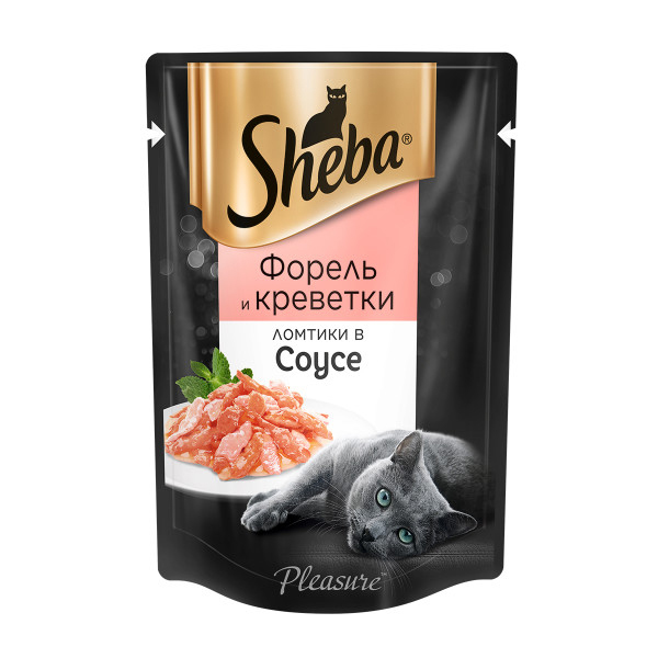 Karma dla kotów SHEBA Plastry Pleasure w sosie z pstrąga i krewetek. pająk 85g