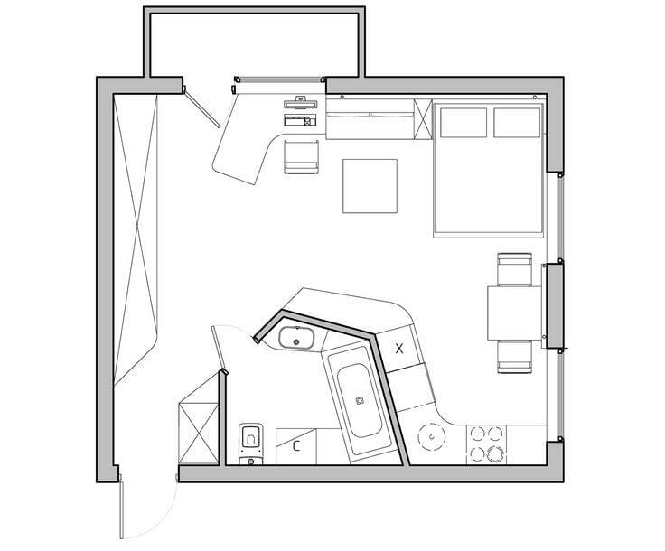 Atvērta plānojuma vienistabas dzīvokļa projekts