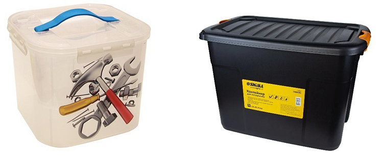 Som regel er beholdere laget av slagfast plast og brukes til stasjonær lagring av store verktøy.