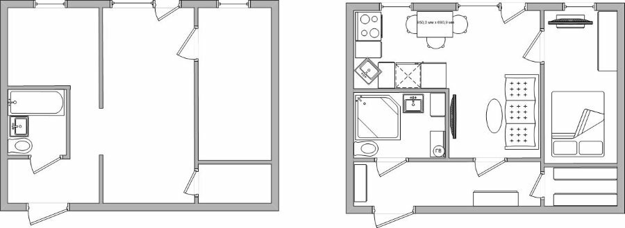 Plan de un Jruschov de dos habitaciones antes y después de la remodelación.