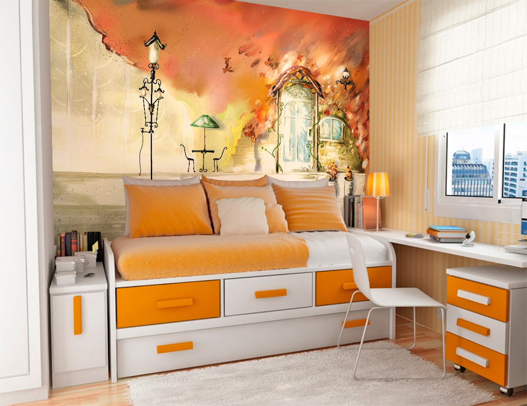 Oranje kleur in het interieur van de kamer devchonochka