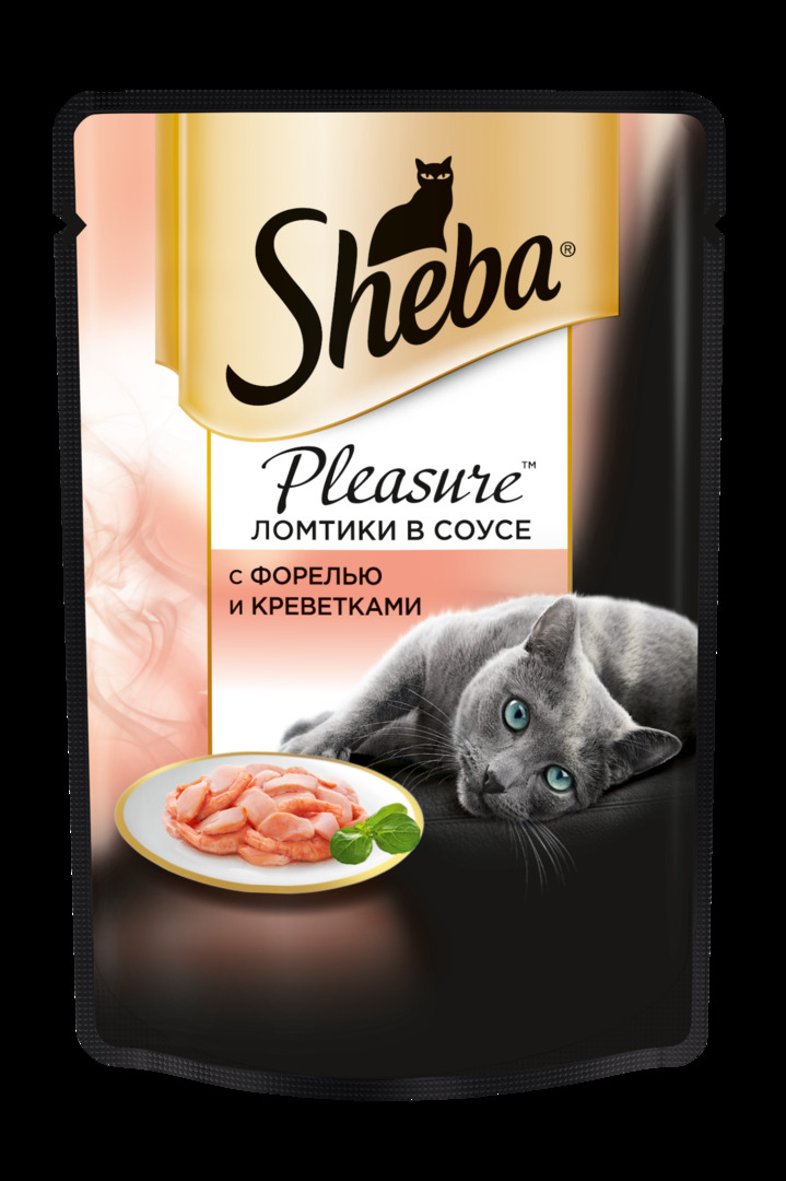 Märkäruoka kissoille Sheba Pleasure taimen- ja katkarapuviipaleita kastikkeessa, 85g