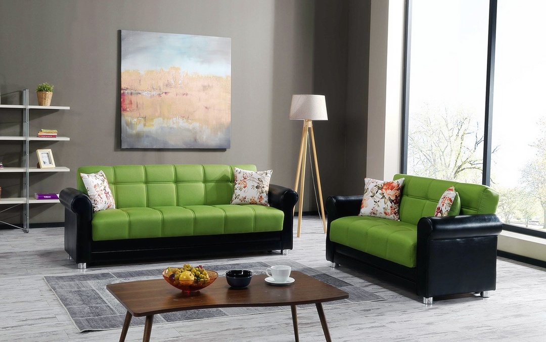 Black and green sofas in a room with a panoramic window