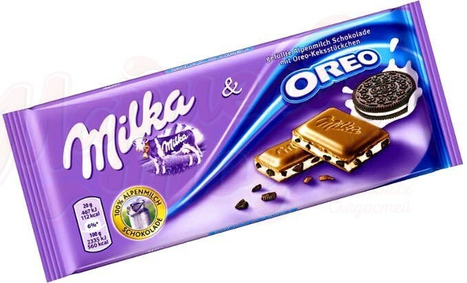 Reep melkchocolade Milka Oreo afgewisseld met koekjes 100 gr.