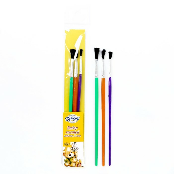 Sæt med børster nylon flad 3 stykker med plastfarvede håndtag