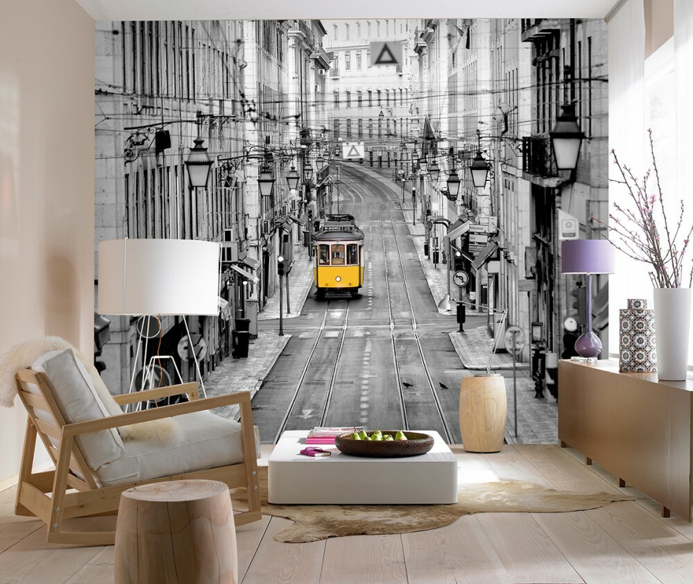 Carta da parati con stampa di foto di città 3D sulla parete del soggiorno