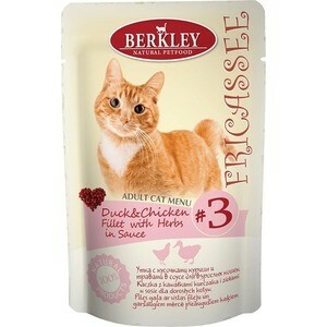 Berkley Fricasse pieaugušo kaķu ēdienkarte Pīle # un # vistas fileja # un # Garšaugi mērcē Nr. 3 ar pīli, vistu un garšaugiem mērcē kaķiem 85g (75252)