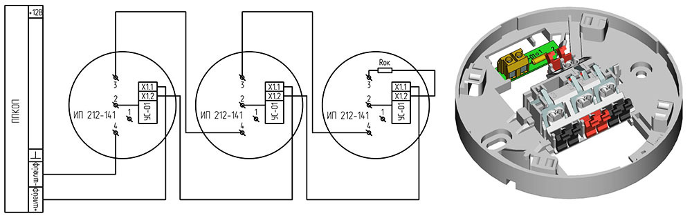 Schema schematico della combinazione di rivelatori d'incendio convenzionali in un loop
