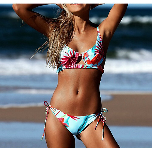 Žena Bikini kupaći kostim s tankim remenima i bez naramenica s osnovnim remenom - Geometrijski ispis s vezicama M L XL Duga / seksi