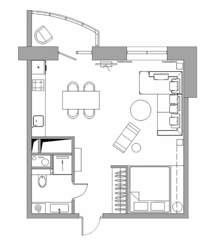 Plan for en etværelses lejlighed efter ombygning