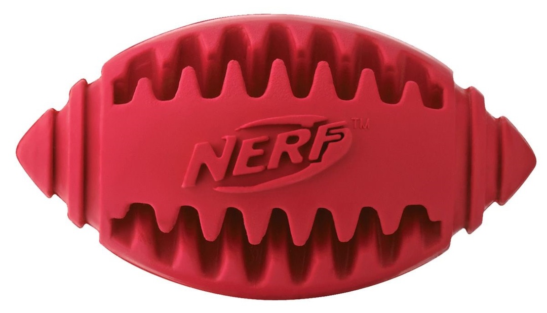 Nerf Toy Rugby Ball Rillet for hunder (8 cm, rød gul)