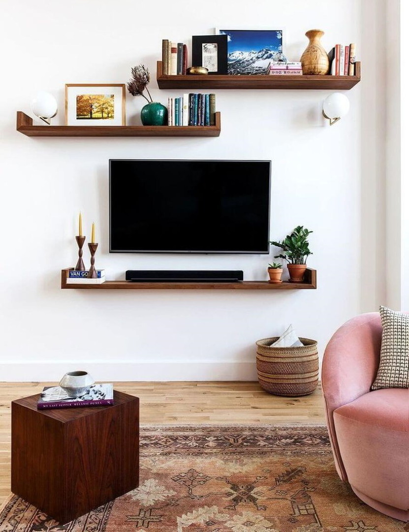 Brown shelves above the TV in the living room