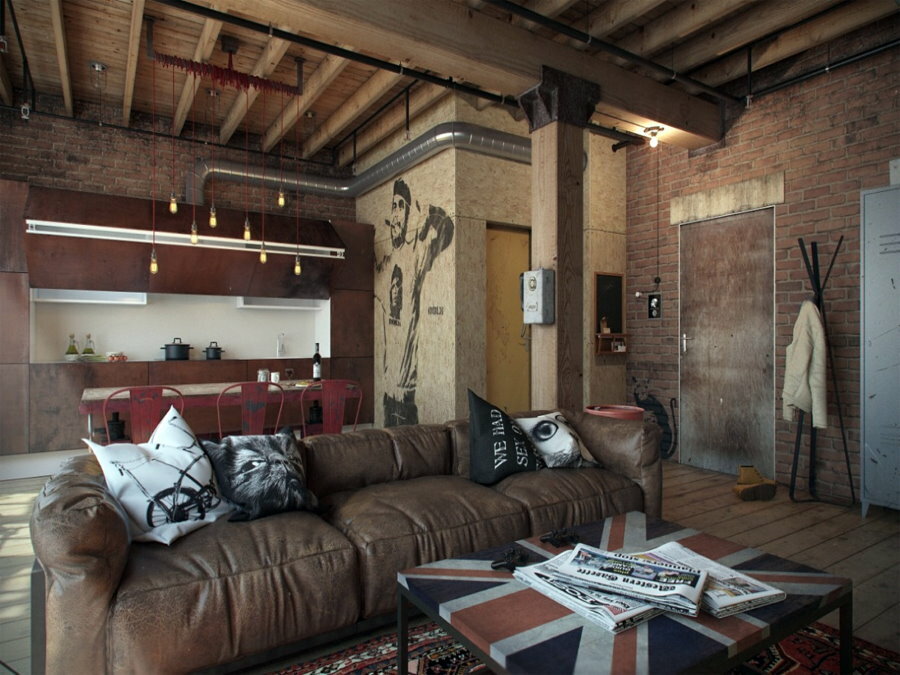 Sofá de cuero en un apartamento de diseño tipo estudio