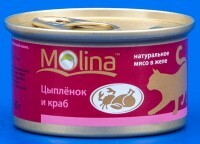 Conservas Molina para gatos, pollo con cangrejos en gelatina, 80 gramos