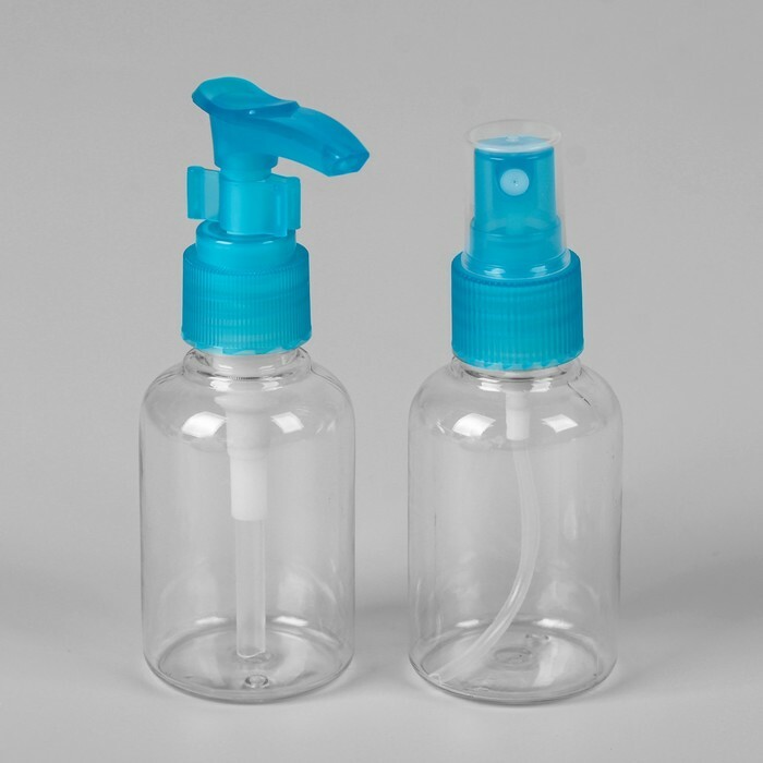 Reisesett: 2 flasker à 50 ml, med sprayflaske og dispenser, MIX farger
