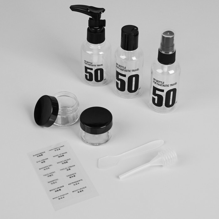 Set voor opbergen in koffer: flesje met dosering, spray-50ml, 2 potjes-15ml, kleur transparant/zwart