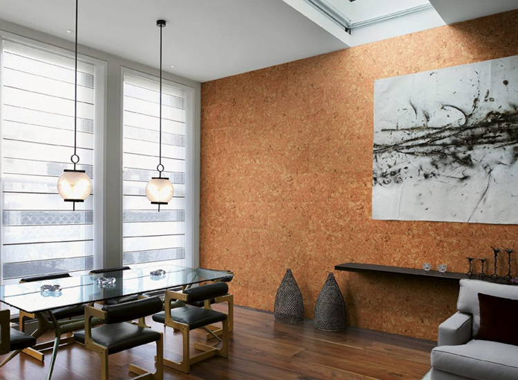An interesting solution in this style would be to use wallpaper with a natural covering made of bamboo or cork.