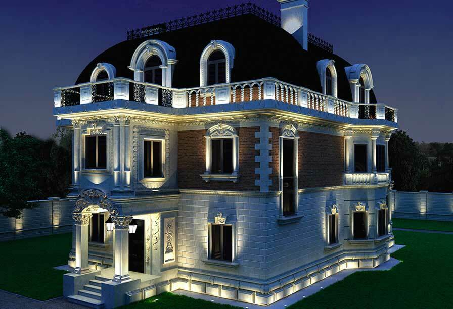 Beautiful architectural lighting of the facade of a country house