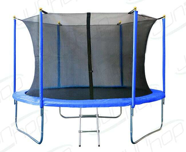 Conjunto de trampolim JUNHOP 10 com rede de segurança e escada azul