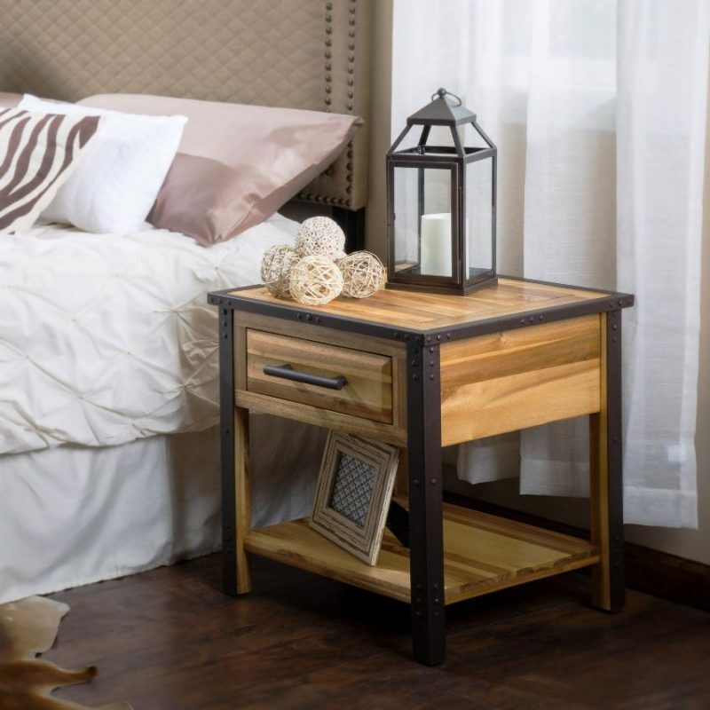 Wooden bedside table with metal frame