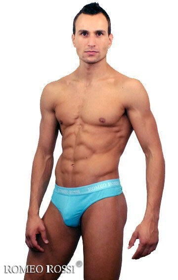 Comfortable men's thong panties in turquoise color with elastic waistband Romeo Rossi Thongs R1006-11