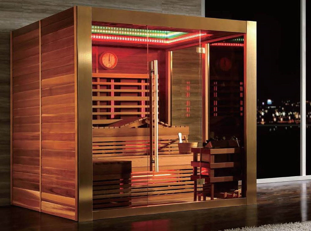 Sauna infračervená typu v obývacej izbe s panoramatickým oknom